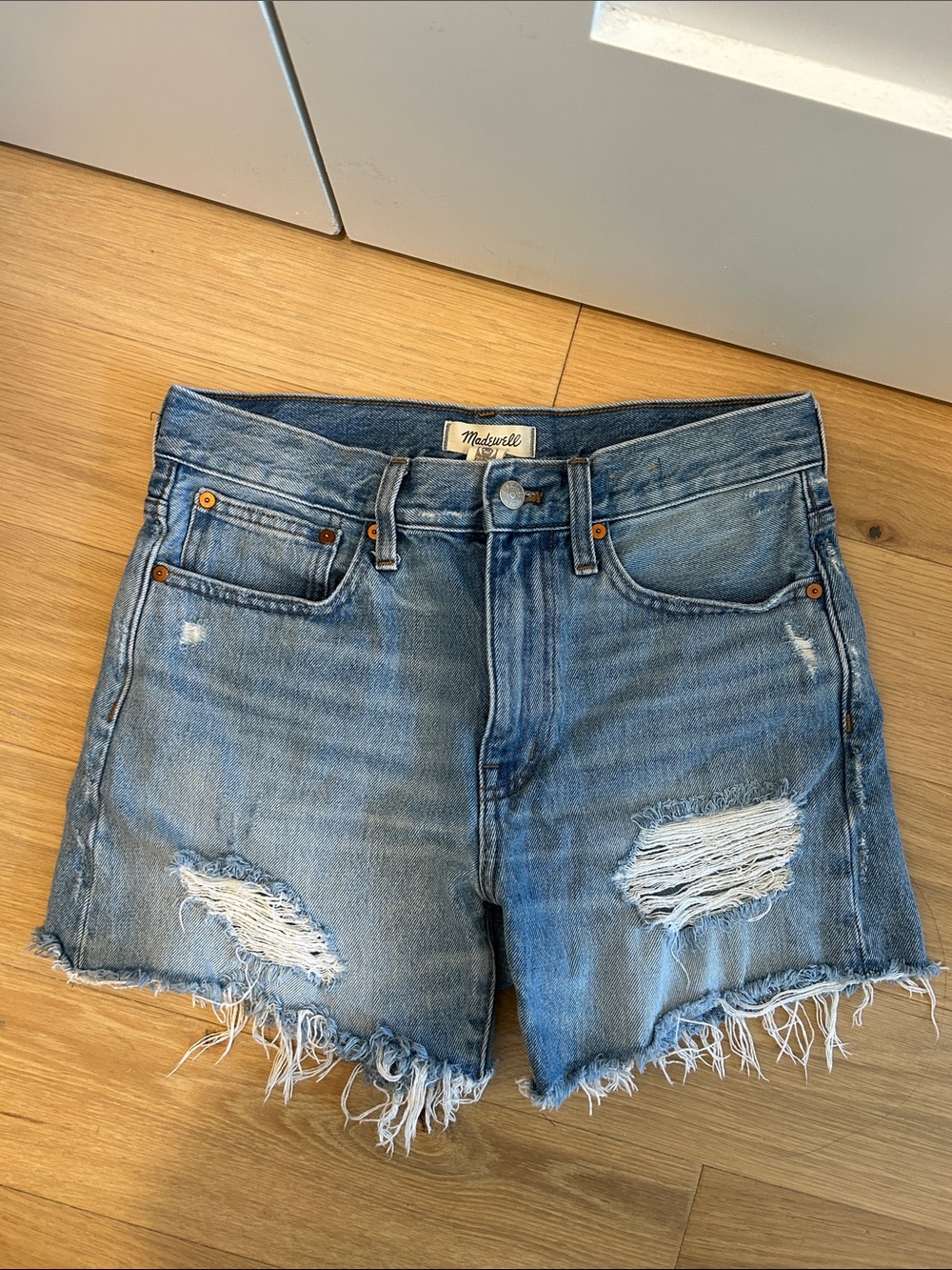 Madewell Light Blue Distressed High-Rise Denim Shorts